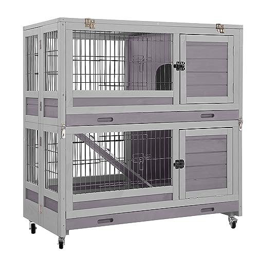 Aivituvin Large Rabbit Hutch Indoor and Outdoor Folding Bunny Cage on Wheels Guinea Pig Cage with Deep No Leak Pull Out Tray,Upgrade Version (Light Gray)