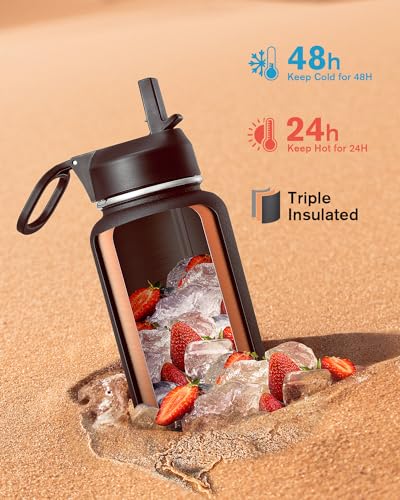 Coolflask 40 oz Water Bottle Insulated with Straw & 3 Leakproof Lids | Water Flask Stainless Steel Triple-Wall Vacuum,Cold 48+h,Dishwasher Safe,Wide Mouth, BPA-Free,Carrier Bag,for Gym,Hiking - color: Magic Black, size: 40 Ounces