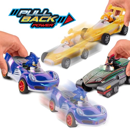 NKOK Special Edition! Sonic, Shadow and Tails Pullback (3-Pack) - Sonic & All-Stars Racing Transformed (electroplated) | Sonic & All-Stars Racing Transformed Collectible Vehicles for Kids Ages 4-6, No-Battery Pullback Action & Iridescent Finish