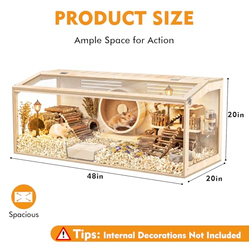 XiaZ Hamster Cage,48Inch Large Hamster Tank with Panoramic View and Ventilated Top, Spacious Acrylic Glass Habitat for Syrian Dwarf Hamsters and Degus, Natural Wood Frame Enclosure - size: 48.0"L x 20.0"W x 20.0"H
