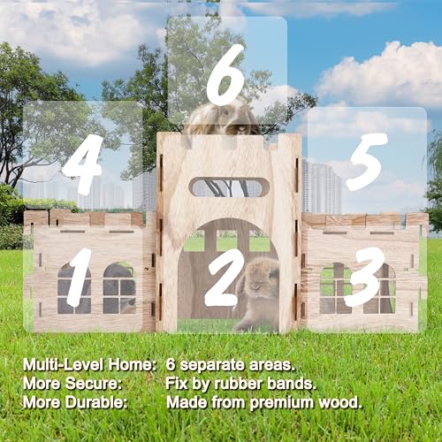 HIIMALEX Large Bunny Castle Sturdy House for Rabbits Ferrets Guinea Pigs | Wooden bunny hideout, split balcony, tunnel tower, ventilated habitat for rabbits, ferrets, guinea pigs, hamsters