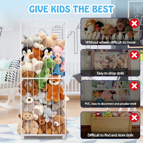 Stuffed Animal Storage, Metal Tube Extra Large Toy Storage Organizer with Brake Wheels, Stuffed Animal Holder Zoo Organizer for Nursery Playroom Kids Room White(61” x 23.6”x 16.5”) - color: White