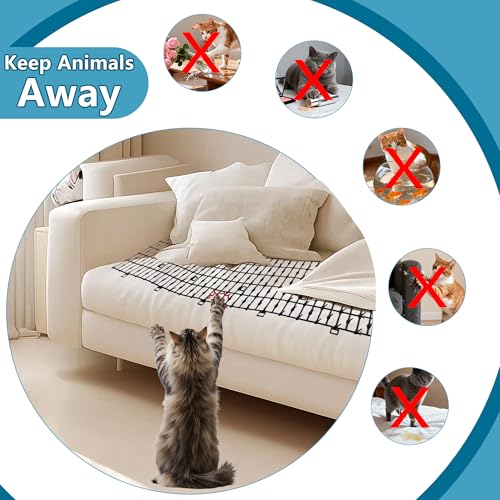Cat Scat Mat with Spikes for Outdoor and Garden | 6.5 Feet Cat Deterrent Mat with Gentle Spikes for Dogs and Raccoons, with 8 Ground Stakes & 8 Zip Ties, 78.74" x 11" (White) - color: white
