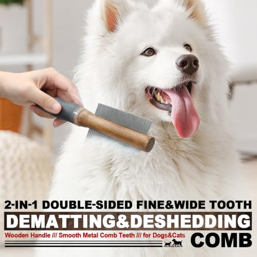 HOP 2-in-1 Dog Dematting&Deshedding Comb with Wooden Handle 8.31in/21.1cm | Double-Sided Fine&Wide Metal Tooth Dematting Comb,Pet Flea Comb for Dogs&Cats,Gentle Remove Loose Hair Tangles Dirt Fleas