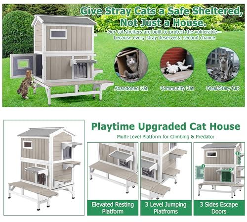Outdoor Cat House Weatherproof Cats Shelter for Feral Kitten Pet Houses for 1-2 Small Animlas 2 Story Wooden Houses for Indoor Outdoor Cats with Escape Doors (25.5" D x 33.5" W x 39.5" H) - style: 25.5"D x 33.5"W x 39.5"H