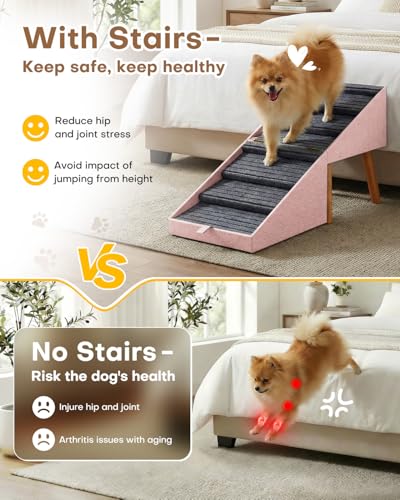 Dog Ramp for Bed & Couch, Dog Stairs 21.06 inches High for Large/Medium/Small Doggie,Split Ottoman Foldable 2 in 1 Wooden Pet Steps for Older and Injured Dogs, No-Slip Surface(Pink) - size: 21.06" H- Pink