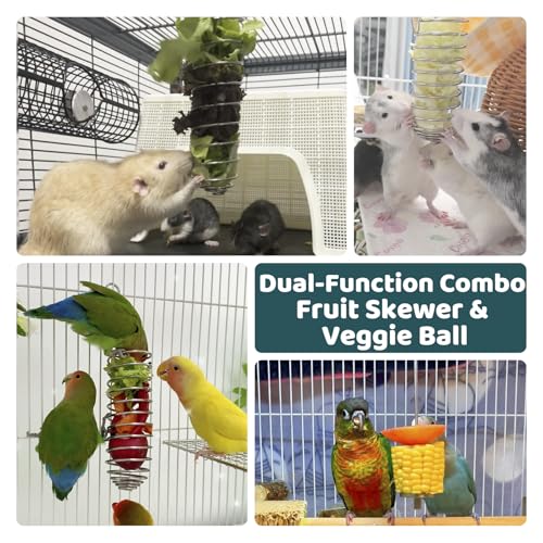 Rat Toys 2 Pack Cage Accessories, 304 Stainless Steel Veggie Fruit Slow Feeder Hanging Holder, Rodent Toys Foraging Enrichment Stuff for Bird, Fancy Mice, Hamster, Guinea Pig, Chinchilla Squirrel