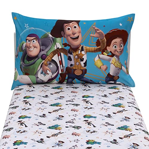 NoJo Disney Toy Story It's Play Time Blue, Green, and White, Woody and Buzz 2 Piece Toddler Sheet Set - Fitted Bottom Sheet and Reversible Pillowcase - color: Toy Story It's Play Time