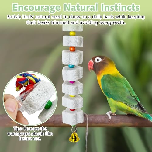 3 Pack Parrot Chewing Toys,Lava Calcium Bird Beak Grinding Stone with Bell Hanging Parakeet Cage Accessories for Parrot Budgies Hamster Chinchilla Rabbit African Grey - color: White