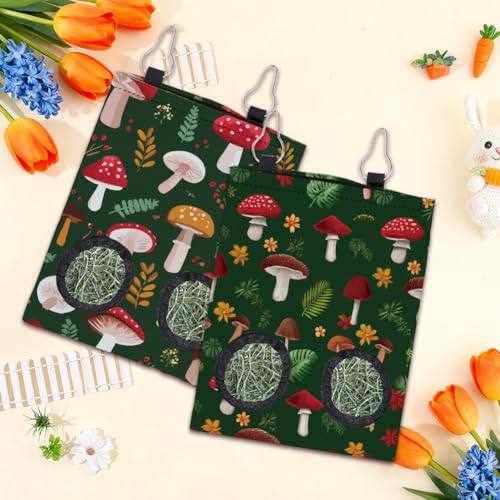 2Pcs 2 Styles Mushroom Hay Bag Feeder Guinea Pig Hay Bags with 2 Holes Mushroom Leaves Pattern Oxford Cloth Washable Rectangle Feeding Storage for Rabbit Chinchillas Hamsters 12 x 9 Inch - color: Mushroom