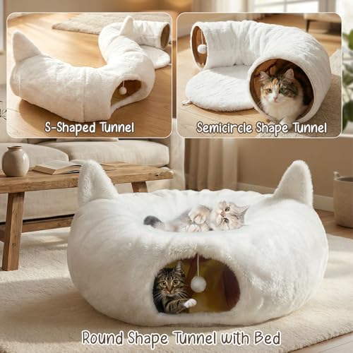OurWarm Cat Tunnel Bed for Indoor Cats, Soft Plush Round Peekaboo Cat Bed Cave with Washable Cushion, Under Cristmas Tree Cat Donut Tunnel Toys for Kitten Rabbit Puppy (White)