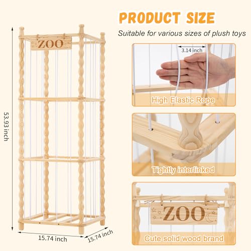 Stuffed Animal Storage Organizer, Wood Animals Zoo Toy Plushies Storage Holder with Cute Wave Design, Large Capacity Plush Toy Cage for Kids Room, Nursery & Playroom Organization(54" Tall)