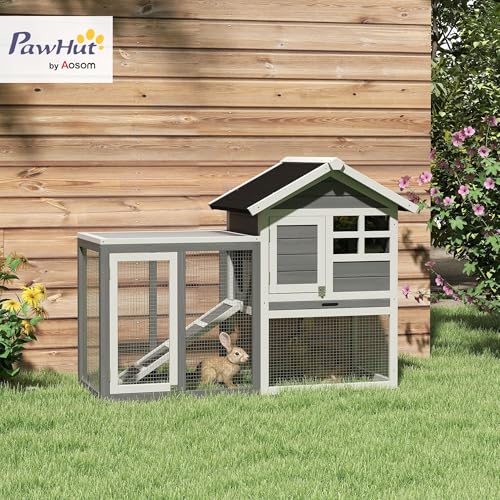 PawHut 49" Wooden Rabbit Hutch Bunny Cage with Fun Outdoor Run Gray | Waterproof Asphalt Roof, Removable Tray and Ramp, for Rabbits, Chickens, Ducks - color: Grey