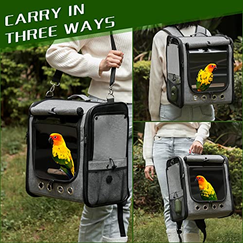 Large Bird Carrier Bag with Stand, Lightweight Backpack for Parrot, Portable Cockatiel Travel Cage with Accessories, Pet Transparent Breathable Carrier, Gray - color: Gray, size: 13.3"L x 10.2"W x 15.7"H