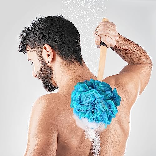 FORENEE Blue and Green Loofah on a Stick, PE Mesh Back Scrubber | Soft PE mesh for rich lather and gentle cleansing; water-resistant coated wood handle, non-slip rubber grip and hanging loop - style: Green Blue