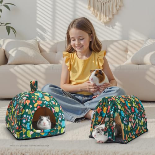 Guinea Pig Hideout Soft Large Bed Tunnel with Door Curtain 2 Pack Guinea Pig Toys Set Bunny Bed Cage Accessories for Small Animals (Blackish Green Mushroom) - color: Blackish Green Mushroom