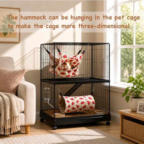 Small Animal Hammock and Tunnel Set, 3-Tier Hanging Hideout | Two-piece linen set for resting, hiding and climbing; removable hooks and padded tunnel, remove hooks before washing - color: Watermelon