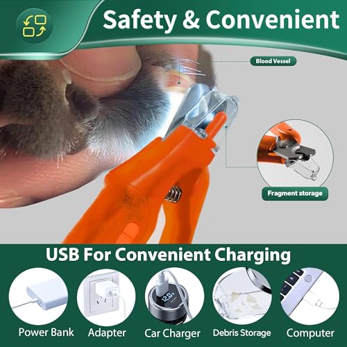 2 in 1 Dog Nail Clippers & Cat Nail Clippers Trimmers for Large Medium Small Dogs Cats Claw Trimmer Quick Sensor and Safety Guard USB Rechargeable Dogs Nail Trimmer with Catcher & 2 LED Lights - color: Orange