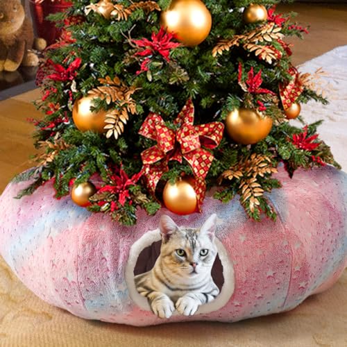 Under Christmas Tree Large Cat Tunnels Bed Tube for Indoor Cats Glows in The Dark Cat Tunnel with Cushion and Plush Ball Toy Longer Playground Toys for Dog Puppy Kitten Rabbit Pet Rainbow - color: Rainbow Bed