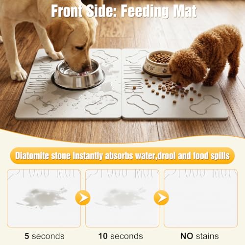 Double-Side 2 in 1 Stone Pet Food Mat & Cooling Mat (24"*16") | Instant dry water absorbing Diatomite Stone Dog Bowls Drying Mat & Heat dissipating Pet Cooling Mat. Bite-Proof & Non-slip. - color: WHITE, size: 24"*16"