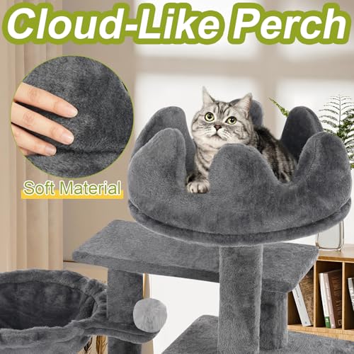 Cat Tree Tower with Hammock,40" Cat Trees for Indoor Cats Large Adult(Grey) | Modern Cat Tree Tower with Scratching Post, Cats Condo Furniture with Cloud Top Perch, Cats Climbing Tower for Kittens - color: Grey