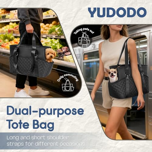 YUDODO 4-12lbs Dog Purse Carrier, Lightweight Small Dog Carrier with Large Pockets & Treat Pouch, Collapsible Pet Travel Carrier Puppy Cat Rabbit, Black, Purse+Treat Pouch