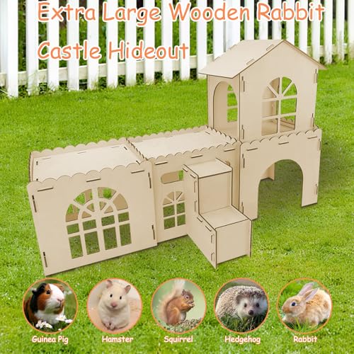 YUEPET 4-Piece Rabbit Castle with Stairs, Wooden Bunny Castle, Rabbit House | 4-Piece Castle Set with Stairs, Detachable Panels, 47.2 x 11.8 x 24.6 in, Ventilation Cutouts, Tool-Free Assembly - size: Rabbit Castle*4+Ramp*1