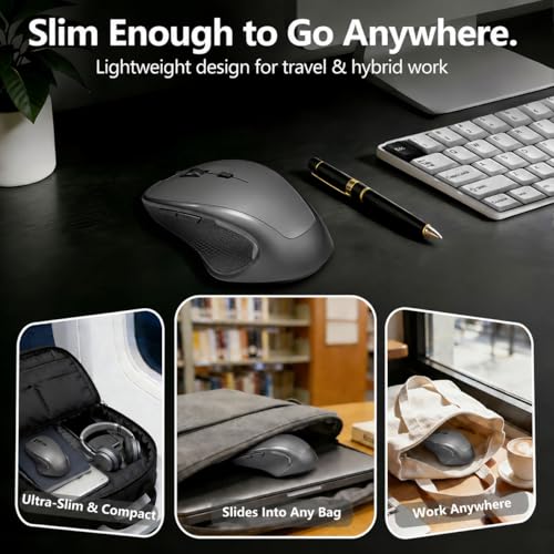 Bluetooth Ergonomic Mouse for MacBook & iPad, Built-in Jiggler,Gray | Bluetooth 5.2/3.0 + 2.4G USB-C/USB-A, Silent Rechargeable Mice For Home Office, Study, Laptop, PC, Work, Travel, Students - color: Gray