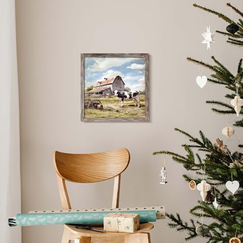 Farmhouse Barn Wooden Wall Art: Farmed Animal Print Picture Rustic Farm Cow Painting Country Landscape Artwork Decor for Bathroom Living Room Kitchen 12 x 12 Inches - color: Barn Cow, size: 12L" x 12W"