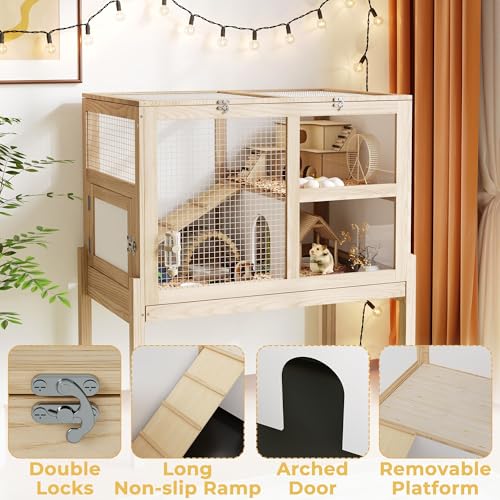 Timechee Guinea Pig Cages for 2, Small Animals Rabbit Cages with a Pull Out Tray, Large Wooden Indoor 2-Story Hamster House, Guinea Pig Hideout Habitat Playpen with Ramp, Platform, Natural