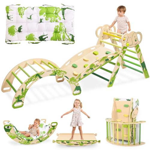 Pikler Triangle Set, Montessori 8-in-1 Climbing Set with Cushion | Wood Jungle Gym for 18M-5Y, Foldable, Reversible Animal Slide, Patent-Protected, 2.35in Gap, ASTM F963, Green - color: Green
