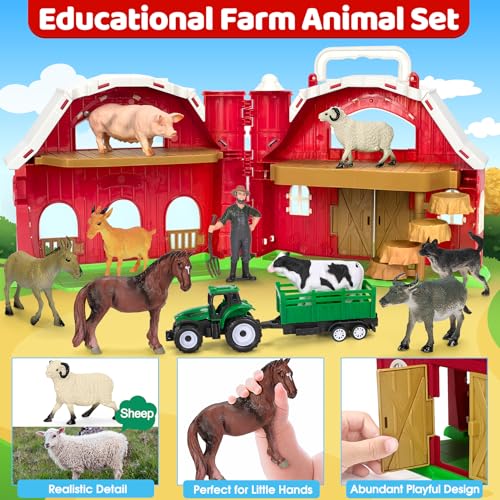 Farm Animals Toys for 1 2 3 4 5 Year Old Toddlers Girls Boys, Big Red Barn Farm Playset with Figures Animals and Tractor Toy for Kids 1-3, Educational Learning Toys, Christmas Birthday Easter Gifts