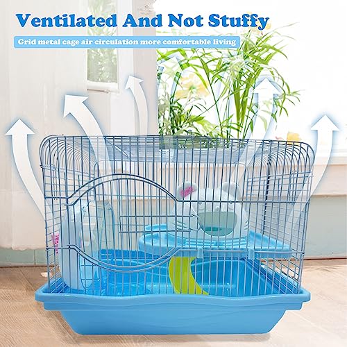 2-Tier Portable Hamster Cage and Habitats, Travel Metal Mouse Cages with Free Water Bottle, Houses and Exercise Wheel for Any Breed of Hamster and Small Animal (14.6x11.0x11.8inch Blue) - color: 【Blue】