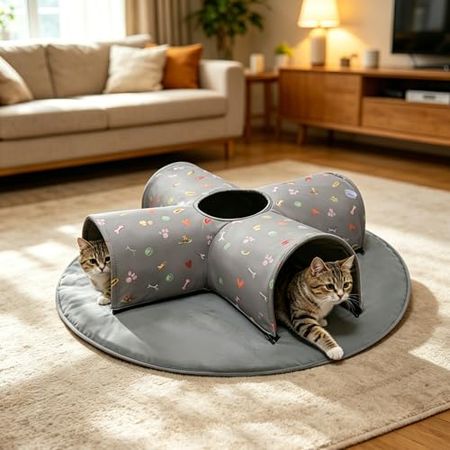 4-Way Indoor Cat Tunnel Bed with Top Peek Hole, 2-in-1 Collapsible Hideout with Removable Washable Mat, Interactive Play Tunnel for Cats, Kittens, Rabbits, Ferrets & Small Pets