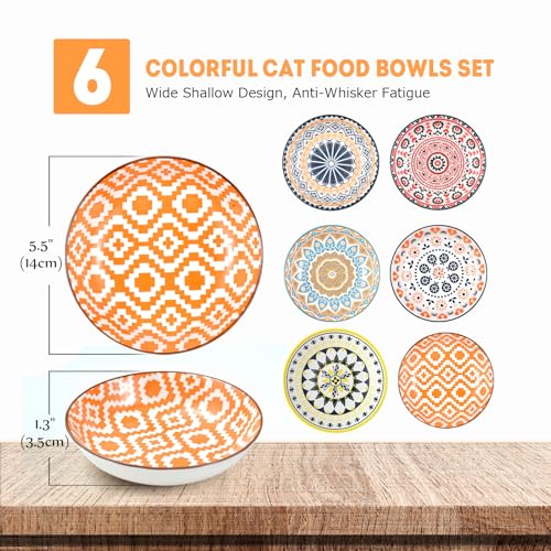 Cat Food Bowl, 6 Pack Ceramic Cat Dishes for Food & Water, Kitten Bowls Set | 5.5" Shallow Feeding Bowls for Wet Meals, Kibble & Water, Whisker Friendly Wide Plates for Cats, Dishwasher & Microwave Safe - size: Boho–6 Pack