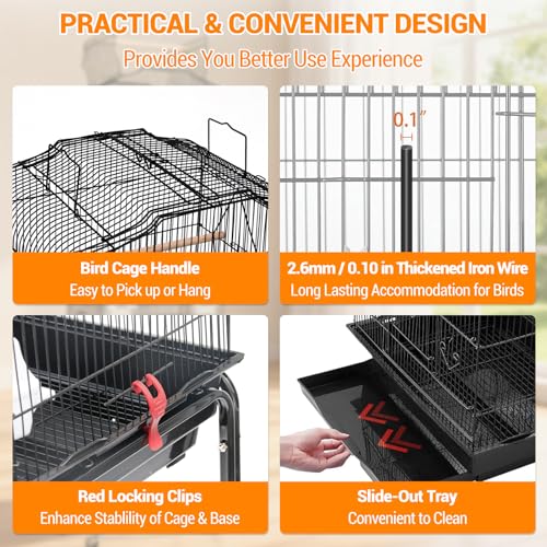 Garvee Open Top Large Parrot Bird Cage, Hanging Bird Cage with Detachable Rolling Stand and Storage Shelf, Playtop Parrot Cages Heavy-Duty Pet Birds House for Cockatiel Black