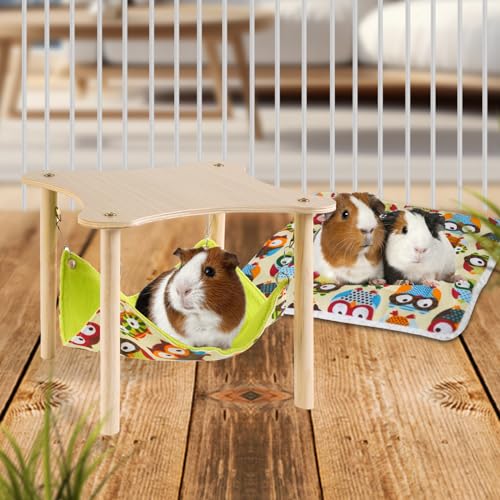 Guinea Pig Hammock with Soft Mat, Wooden Guinea Pig Hideout Toys with Double-Sided Hanging Hammock Bed for Hamster Chinchilla Rat Bunny Ferrets Sleeping Hiding