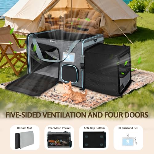 Side Expandable Extra Large Cat Carrier with Litter Box, Grey | 24"L x 17"W x 17"H, Privacy Curtain and Lockable Safety Zippers, for Long Distance Car Travel, Cats Under 55 lbs - color: grey