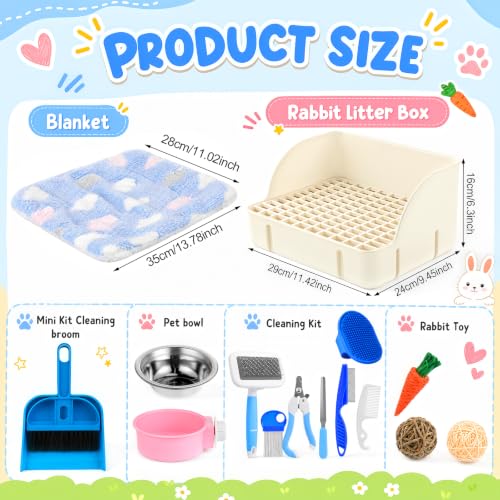 Reallnaive 15 Pcs Rabbit Starter Kit Small Rabbit Litter Box Girls Gift Animal Grooming Kit Bunny Toys Bowl Blankets with Cleaning Set for Guinea Pig Accessories(Cream White) - color: Cream White