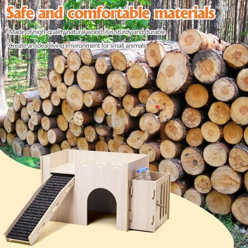 kathson Wood Guinea Pig Hideout Small Rabbit Hideout with Water and Hay Feeder Ramp, Easy to Assemble Wooden Hamster House for Small Animal Bunny Chinchilla Rat Hedgehog with 2xGuinea Pig Cage Liners