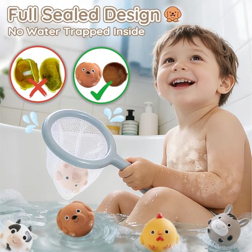 No-Hole Farm Animal Bath Toys for Kids Ages 1-3, Water Slide Toys | Bath Basketball Hoop, Fishing Net, Storage Bag, Toddlers Sealed Bathtub Toys, Shower Pool Play Set, Boys Girls Gifts