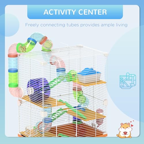 PawHut 18" 5 Tier Hamster Cage with Tubes and Tunnels, Small Animal Cage with Portable Carry Handle, Gerbil Cage with Water Bottle, Food Dish, Exercise Wheel, Orange | Small Animal Cage, Portable Carry Handle, Water Bottle, Food Dish, Exercise Wheel - col