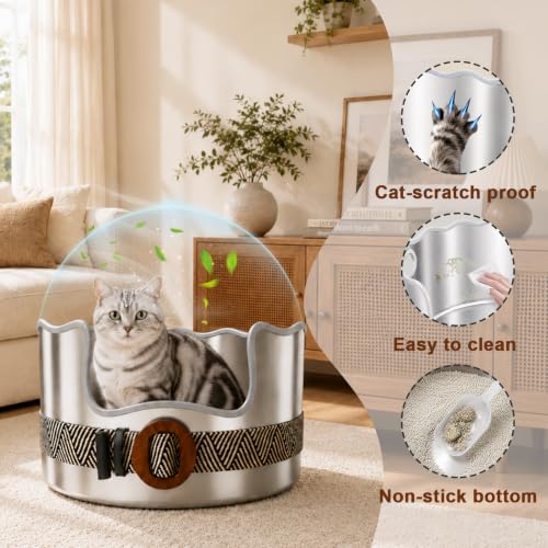 Round Stainless Steel Cat Litter Box High Sided, Large Metal Litter Box with Fashion Woven Belt, Easy Access & Turning Litter Pan for Medium & Senior Cats, Kittens, Odor Control, Easy to Clean