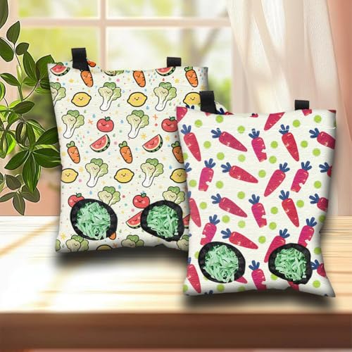 2Pcs 2 Styles Rabbit Hay Feeder Bags for Guinea Pigs Chinchillas 11.6 x 9.1 Inch Hanging Hay Bag with 2 Holes Vegetables Fruit Cloth Washable Small Animal Feeding Storage Cage Accessories - color: Vegetables