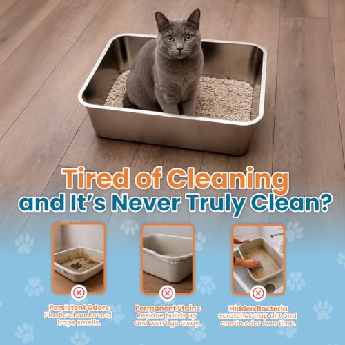 Stainless Steel Cat Litter Box with Scoop, 17.5 x 14 x 6 in – Heavy Duty Metal Litter Pan with High Sides for Medium Cats and Kittens