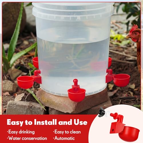 LemonRoad 30 Set Automatic Chicken Waterer Cups with 1/2" PVC Tee Fitting Chicken Drinking Bowl, Poultry Drinker Mounting Hole Opener,Water Dispenser Feeder for Duck, Goose, Turkey, Pigeon(Red) - color: Red 2