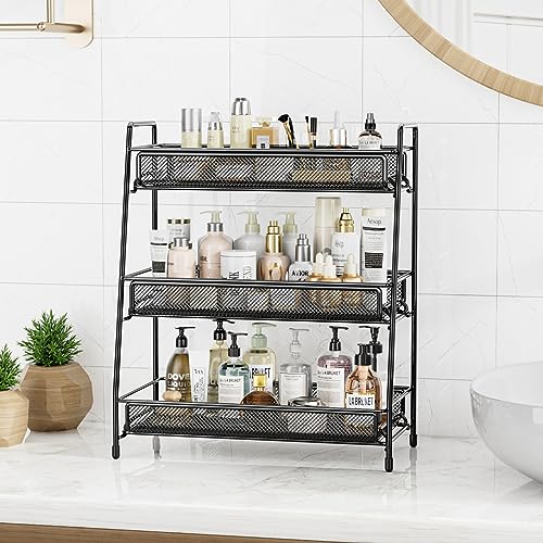 EKNITEY Bathroom Countertop Organizer Rack - 3 Tier Counter Spice Rack | Metal, Non-Slip Base, Makeup Rack, Small Coffee Station Organizer, for Sink Bedroom Kitchen Living room - color: Black