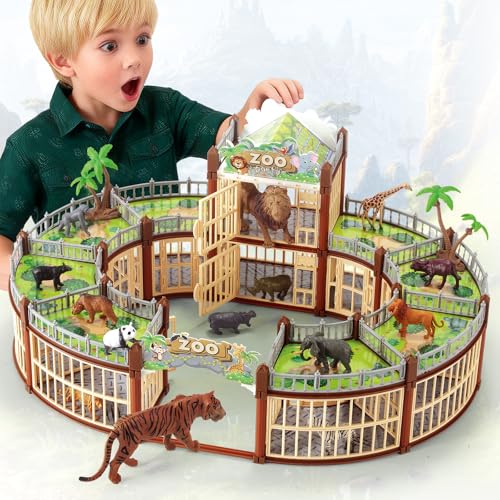 Complete 248PCS Animal Playground Set with 14 Realistic Wild Animals – Build Your Own Animal Park, Interactive Playset with Openable Fences & Battle Station, for Boys Girls Kids Toddlers 3-8 (Brown) - color: Brown