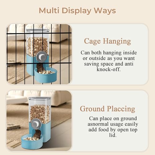41 oz Hanging Gravity Feeder for Small Animals, Rabbits & Guinea Pigs | Adjustable Cage Height | No-Open-Cage Refill | Space-Saving | Clear Reservoir | Versatile Food Compatibility - color: Blue