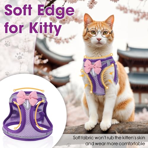 Cat Vest Harness and Leash Set, Escape Proof Kitten Harness Purple M | Safe Reflective Strips, Adjustable Easy Wear Kitty Harness, Sturdy Clip Buckle, Breathable Mesh , for Kitty Puppy Bunny Walks - color: Purple, size: M